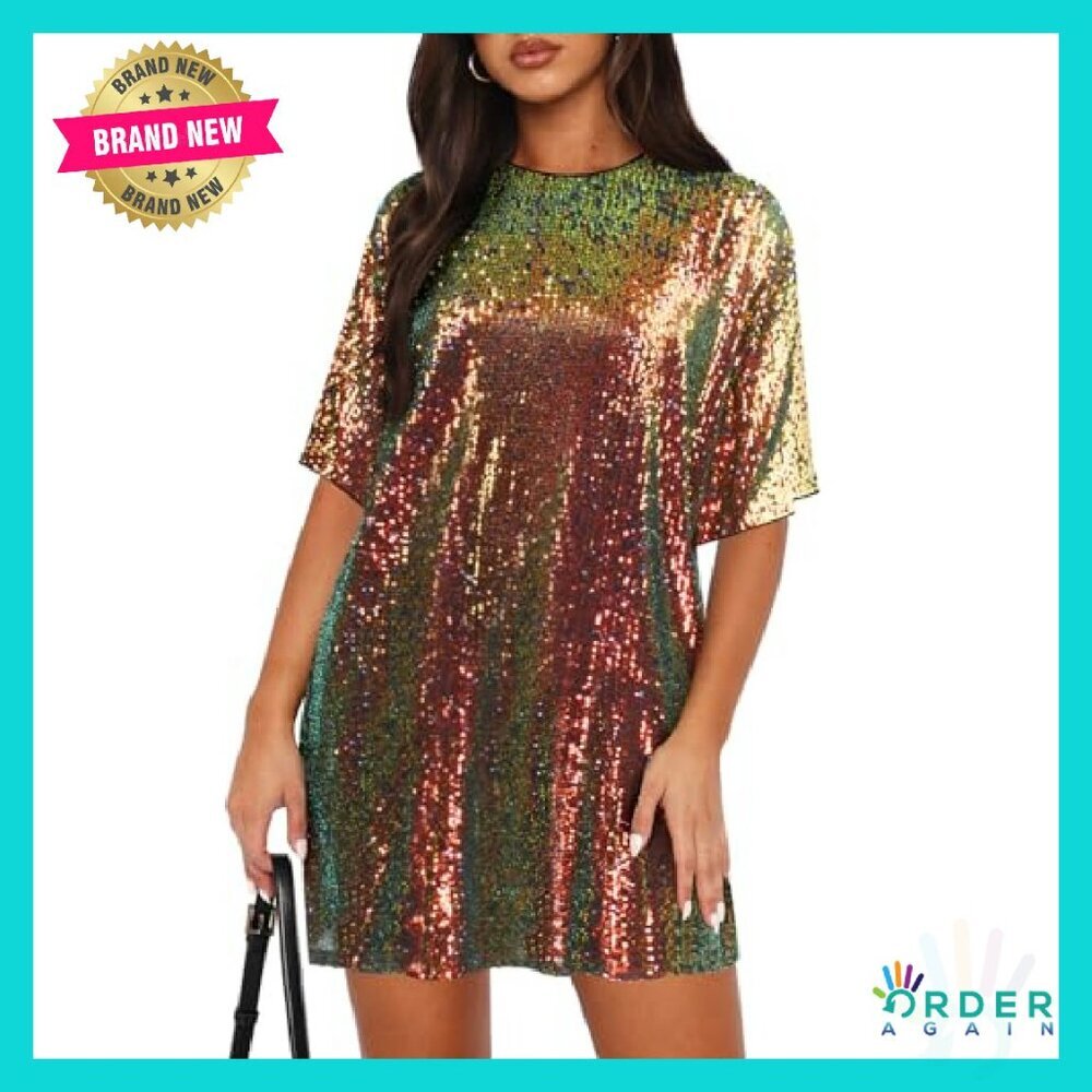 Sequin Shift Dress Reversible V-Neck Elegant Party Club Cocktail Wear - Picture 2 of 7